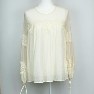 Lace Blouse Poet Tie Sleeves Sheer M L